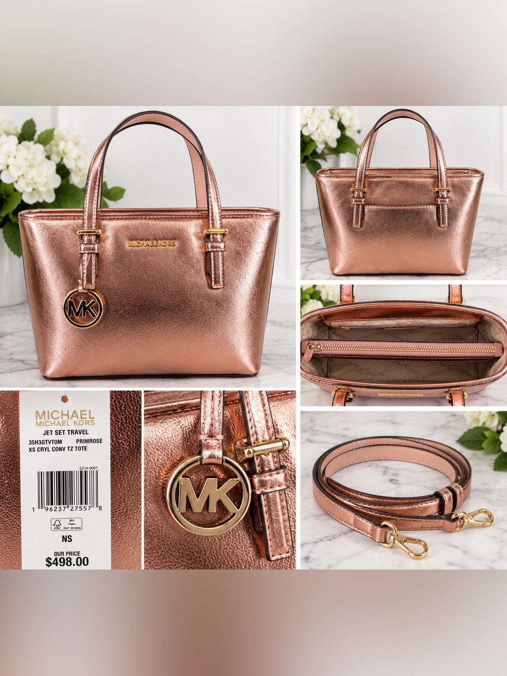 NWT Michael Kors Jet Set Travel XS Convertible Tote Primrose Rose Gold $498